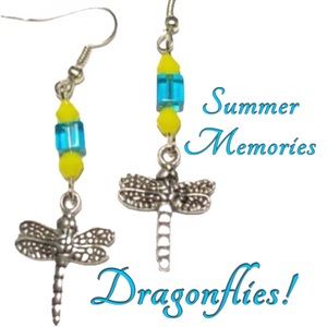 Sky Blue and Floral Yellow Dragonfly Earrings